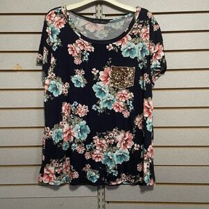 Glitzy Girlz Boutique L Flowered Short Sleeve Top Shirt Gold‎ Sequined Pocket